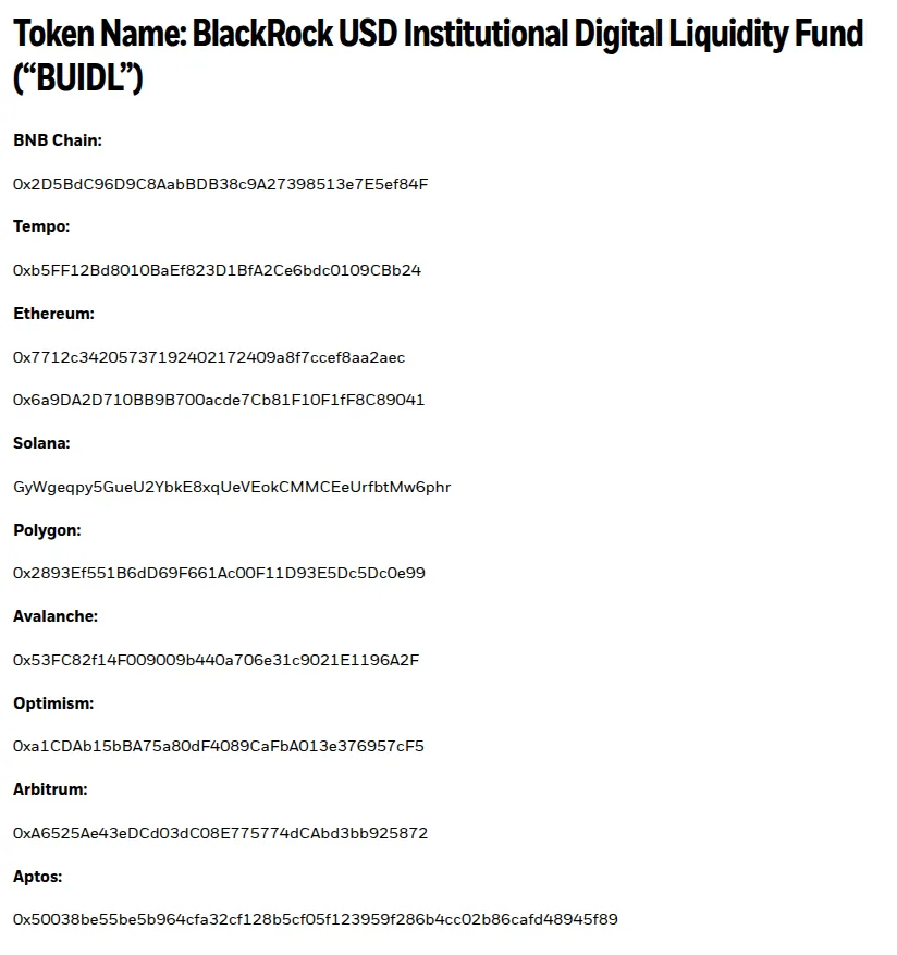 Lista oficial de direcciones del token BUIDL de BlackRock en BNB Chain, Tempo, Ethereum, Solana, Polygon, Avalanche, Optimism, Arbitrum y Aptos.