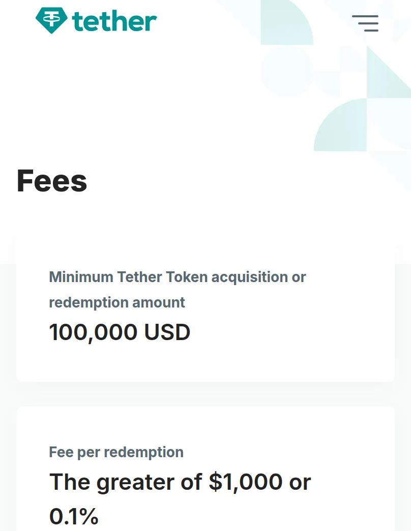 Página de comisiones de Tether: mínimo de 100.000 USD para comprar o rescatar, y comisión de rescate del mayor entre 1.000 USD y el 0,1 %.